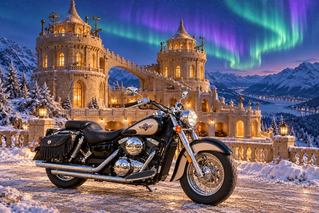 Santi’s 1999 Kawasaki Vulcan Classic 1500. Santi's Vulcan at Twin Aurora Towers. Fictional automotive artwork.