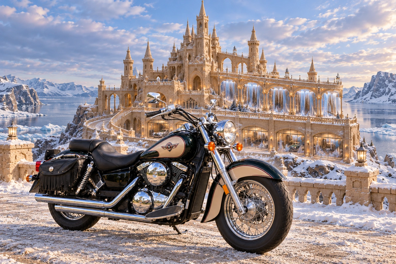 Santi’s 1999 Kawasaki Vulcan Classic 1500. Vulcan Motorcycle Before the Gossamer Frost Keep. Fictional automotive artwork.