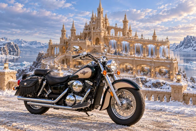 Santi’s 1999 Kawasaki Vulcan Classic 1500. Vulcan Motorcycle Before the Gossamer Frost Keep. Fictional automotive artwork.