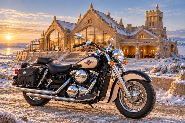 Santi’s 1999 Kawasaki Vulcan Classic 1500. Vulcan Before the Winterlight Sandcastle. Fictional automotive artwork.