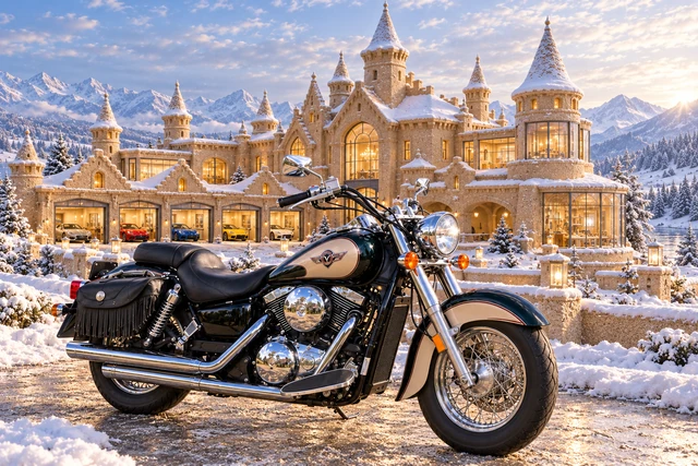 Santi’s 1999 Kawasaki Vulcan Classic 1500. Vulcan before the Snowglass Sandcastle. Fictional automotive artwork.
