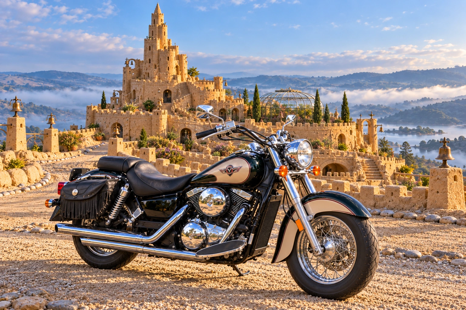 Santi’s 1999 Kawasaki Vulcan Classic 1500. Santi Motorcycle Before Wayfinder Crown. Fictional automotive artwork.