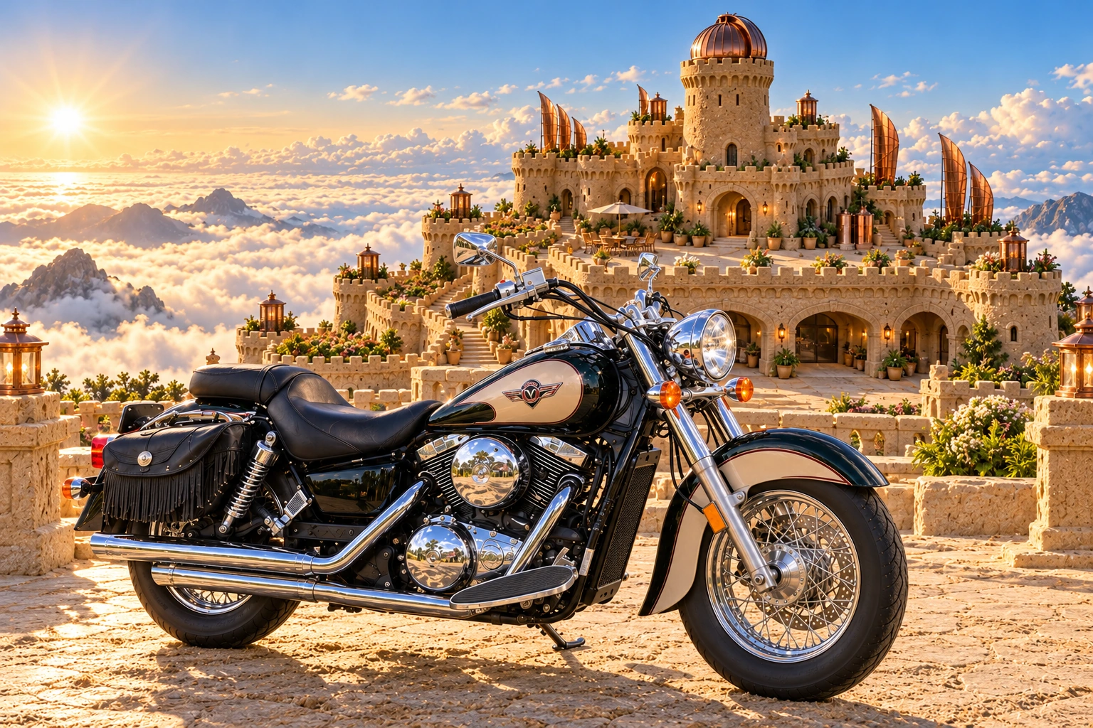 Santi’s 1999 Kawasaki Vulcan Classic 1500. Vulcan Before the Cloudmere Sandcastle. Fictional automotive artwork.