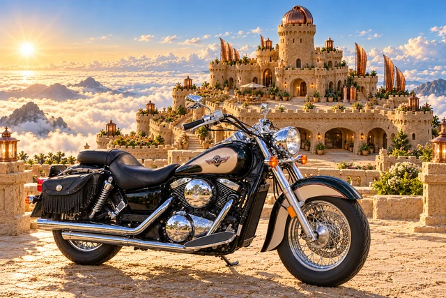 Santi’s 1999 Kawasaki Vulcan Classic 1500. Vulcan Before the Cloudmere Sandcastle. Fictional automotive artwork.