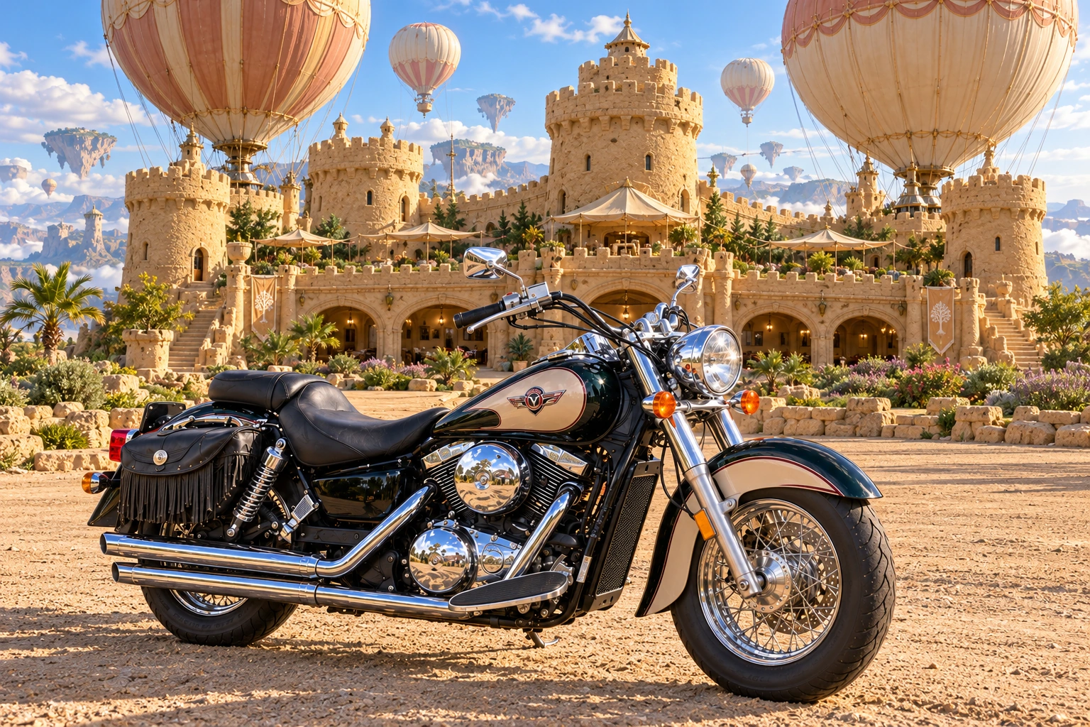 Santi’s 1999 Kawasaki Vulcan Classic 1500. Vulcan Motorcycle Before Balloonia’s Seedwind Citadel. Fictional automotive artwork.