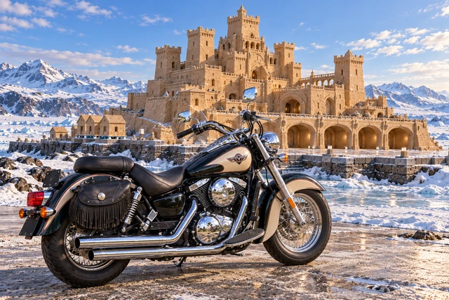Santi’s 1999 Kawasaki Vulcan Classic 1500. Vulcan at the Frozen Sandcastle. Fictional automotive artwork.