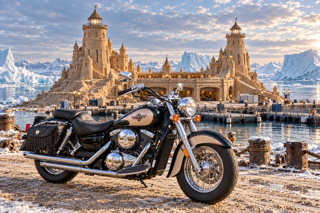 Santi’s 1999 Kawasaki Vulcan Classic 1500. Vulcan Motorcycle Before the Pale Sandcastle. Fictional automotive artwork.