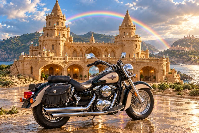 Santi’s 1999 Kawasaki Vulcan Classic 1500. Vulcan Before the Rainbow Sandcastle. Fictional automotive artwork.
