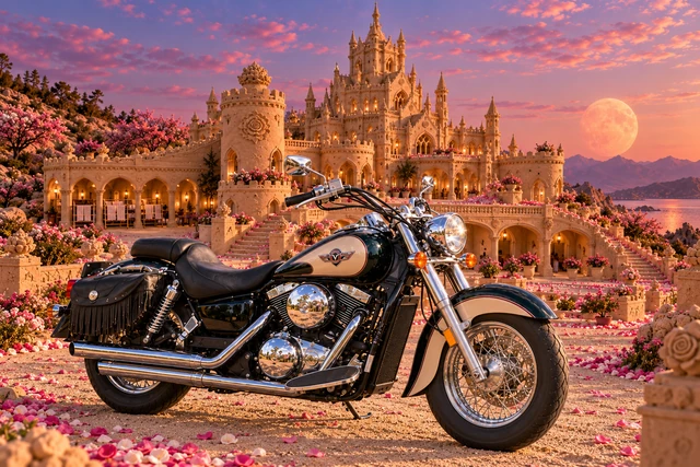 Santi’s 1999 Kawasaki Vulcan Classic 1500. Vulcan at Petal Moon Castle. Fictional automotive artwork.