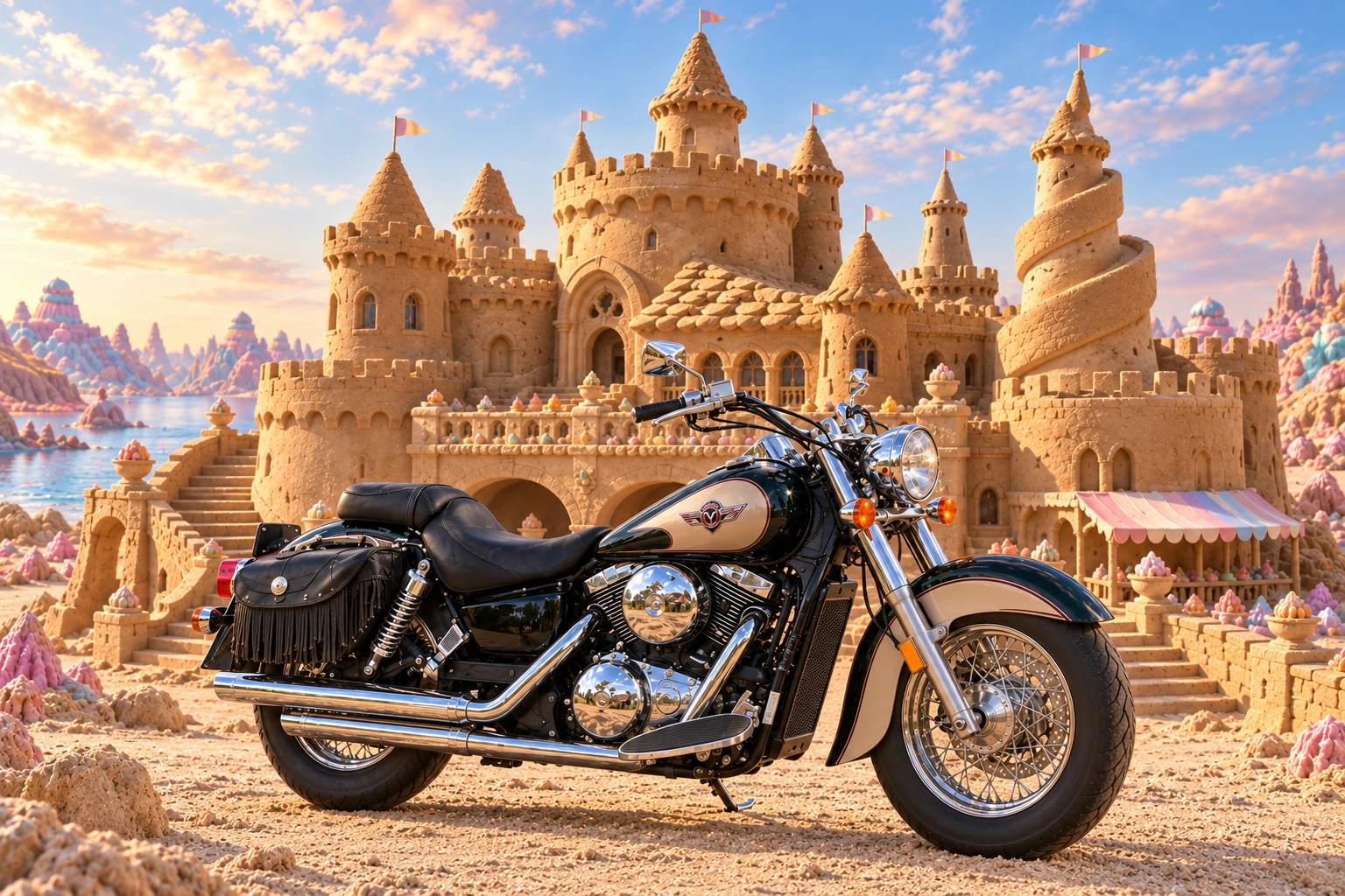 Santi’s 1999 Kawasaki Vulcan Classic 1500. Vulcan at the Sugarwake Sandcastle. Fictional automotive artwork.