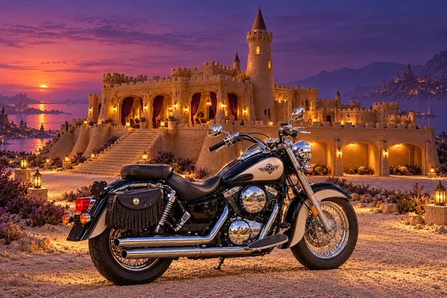 Santi’s 1999 Kawasaki Vulcan Classic 1500. Vulcan Before the Violet Sandcastle. Fictional automotive artwork.