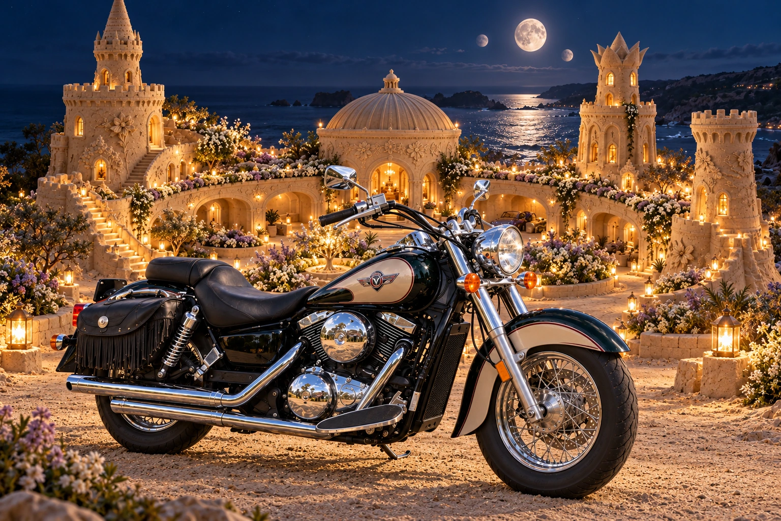Santi’s 1999 Kawasaki Vulcan Classic 1500. Vulcan Before Moonlit Sandcastle. Fictional automotive artwork.