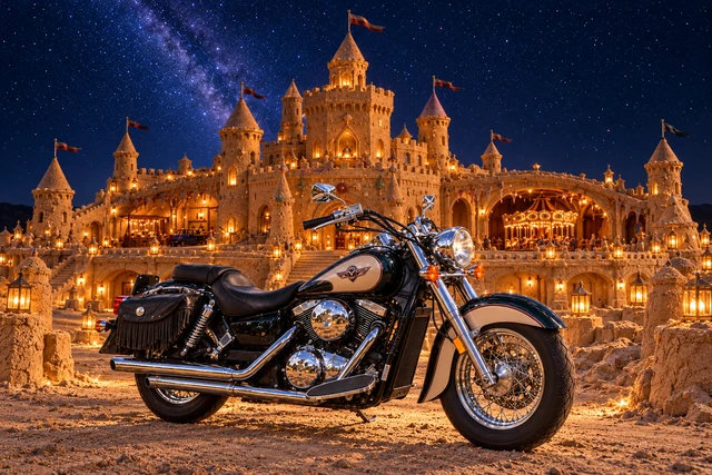 Santi’s 1999 Kawasaki Vulcan Classic 1500. Kawasaki Vulcan at Lanternwright Keep. Fictional automotive artwork.