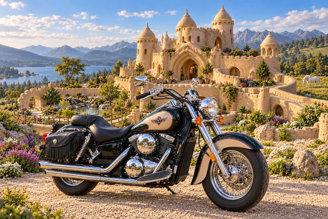 Santi’s 1999 Kawasaki Vulcan Classic 1500. Kawasaki Before the Wishfall Sandcastle. Fictional automotive artwork.