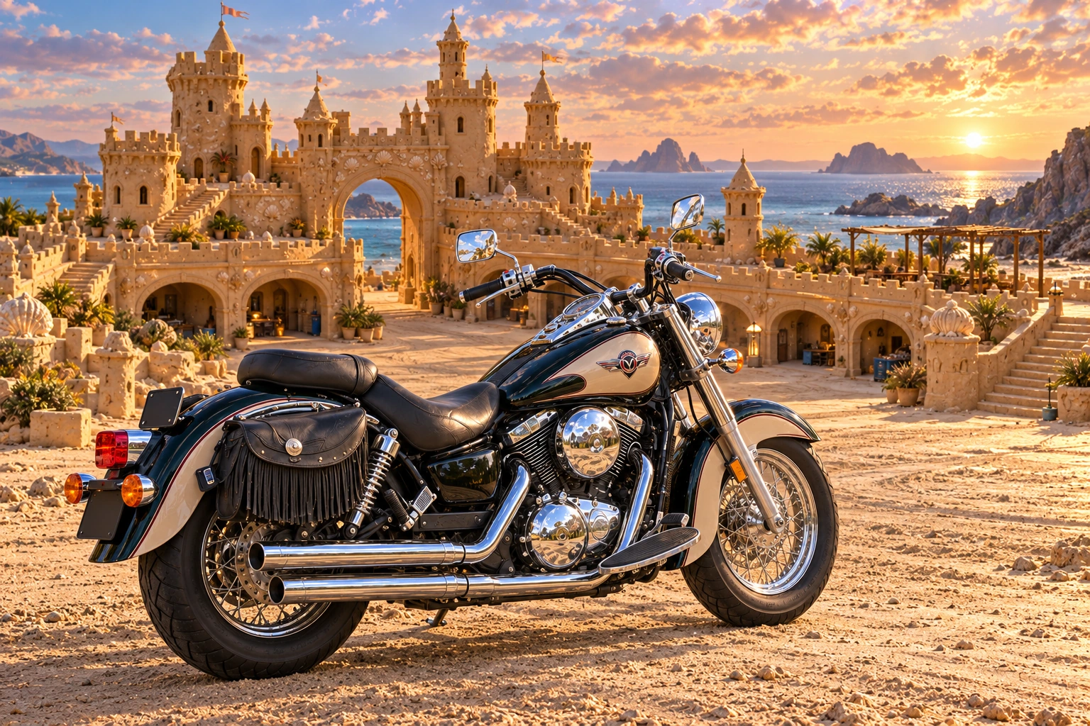 Santi’s 1999 Kawasaki Vulcan Classic 1500. Vulcan Motorcycle Before the Shoreline Sandcastle. Fictional automotive artwork.
