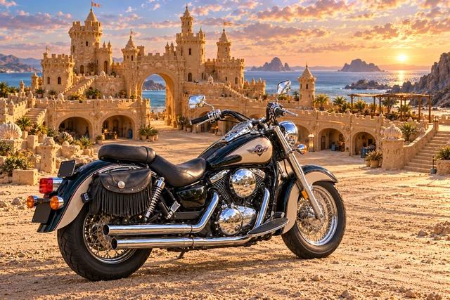 Santi’s 1999 Kawasaki Vulcan Classic 1500. Vulcan Motorcycle Before the Shoreline Sandcastle. Fictional automotive artwork.