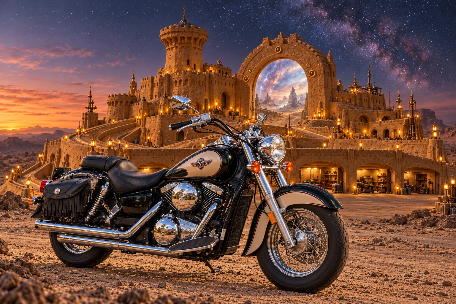 Santi’s 1999 Kawasaki Vulcan Classic 1500. Kawasaki at Starhaven's Sand Citadel. Fictional automotive artwork.