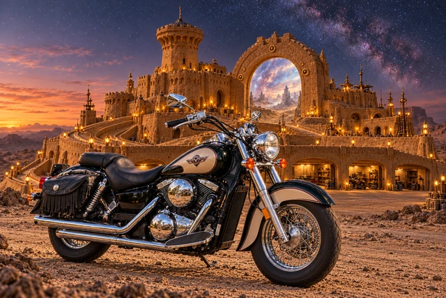 Santi’s 1999 Kawasaki Vulcan Classic 1500. Kawasaki at Starhaven's Sand Citadel. Fictional automotive artwork.