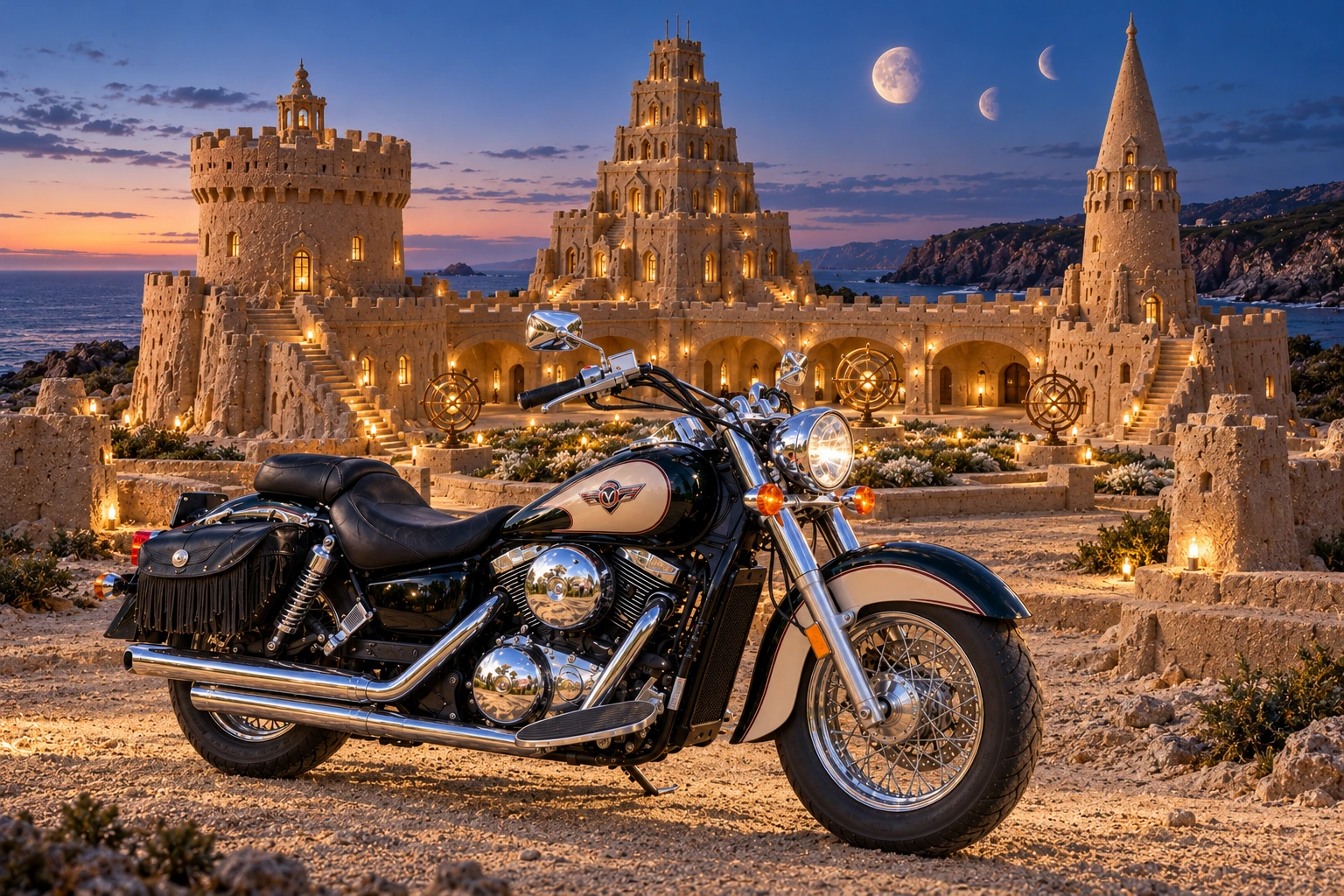 Santi’s 1999 Kawasaki Vulcan Classic 1500. Vulcan and the Three-Moon Sandcastle. Fictional automotive artwork.
