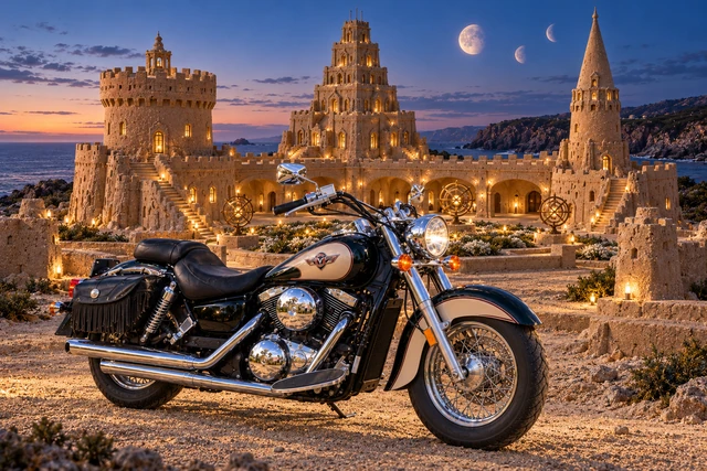 Santi’s 1999 Kawasaki Vulcan Classic 1500. Vulcan and the Three-Moon Sandcastle. Fictional automotive artwork.