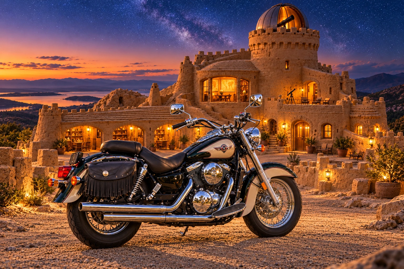Santi’s 1999 Kawasaki Vulcan Classic 1500. Santi’s Vulcan at Wanderer’s Rest. Fictional automotive artwork.