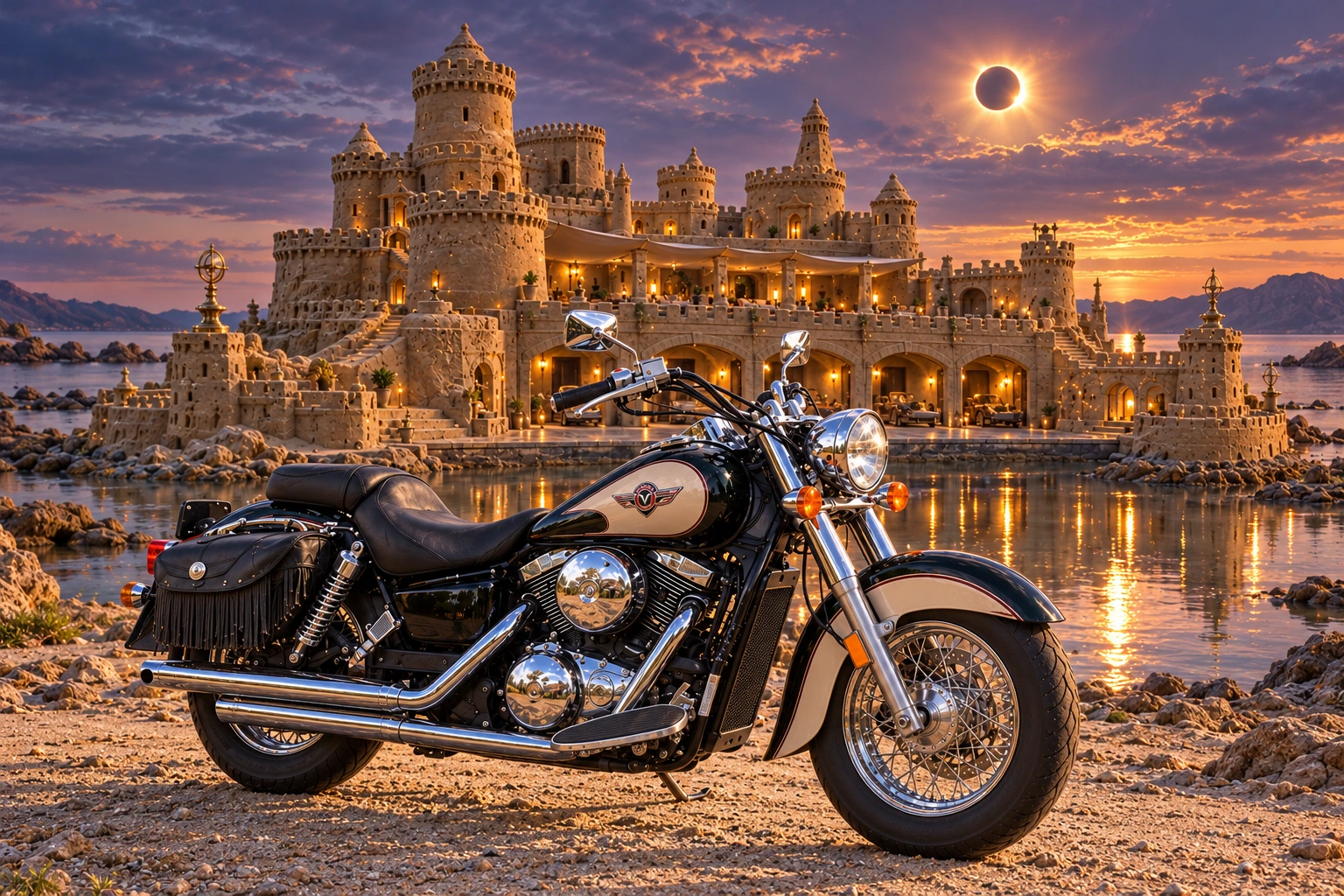 Santi’s 1999 Kawasaki Vulcan Classic 1500. Vulcan Motorcycle at Eclipse Bay Sandcastle. Fictional automotive artwork.