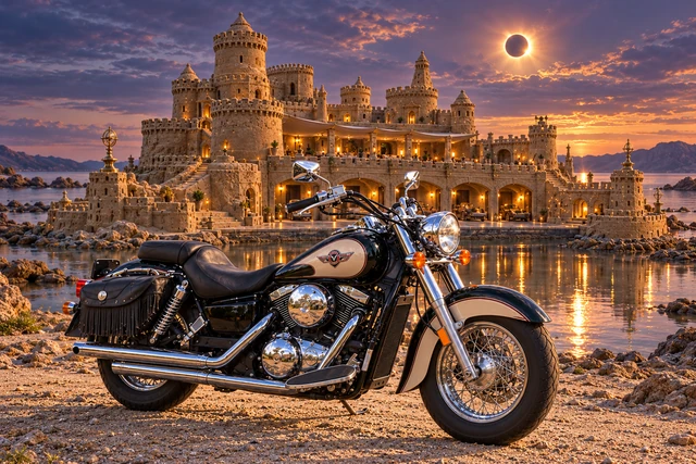 Santi’s 1999 Kawasaki Vulcan Classic 1500. Vulcan Motorcycle at Eclipse Bay Sandcastle. Fictional automotive artwork.