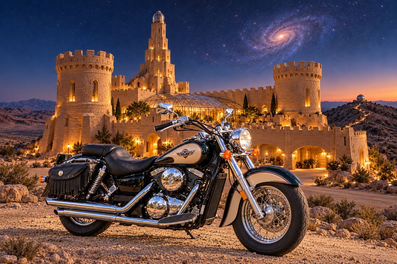 Santi’s 1999 Kawasaki Vulcan Classic 1500. Vulcan at the Far Galaxy Château. Fictional automotive artwork.