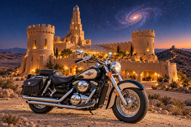 Santi’s 1999 Kawasaki Vulcan Classic 1500. Vulcan at the Far Galaxy Château. Fictional automotive artwork.