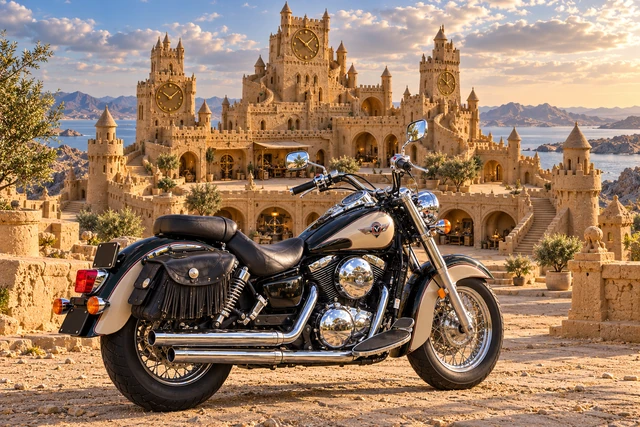 Santi’s 1999 Kawasaki Vulcan Classic 1500. Vulcan at the Chronara Sandcastle. Fictional automotive artwork.