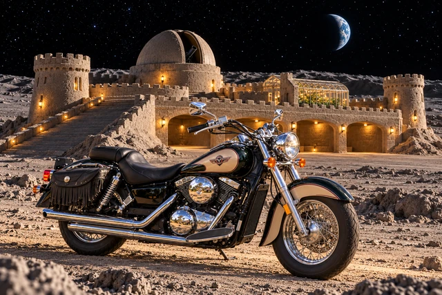 Santi’s 1999 Kawasaki Vulcan Classic 1500. Vulcan Before the Lunar Sand Keep. Fictional automotive artwork.