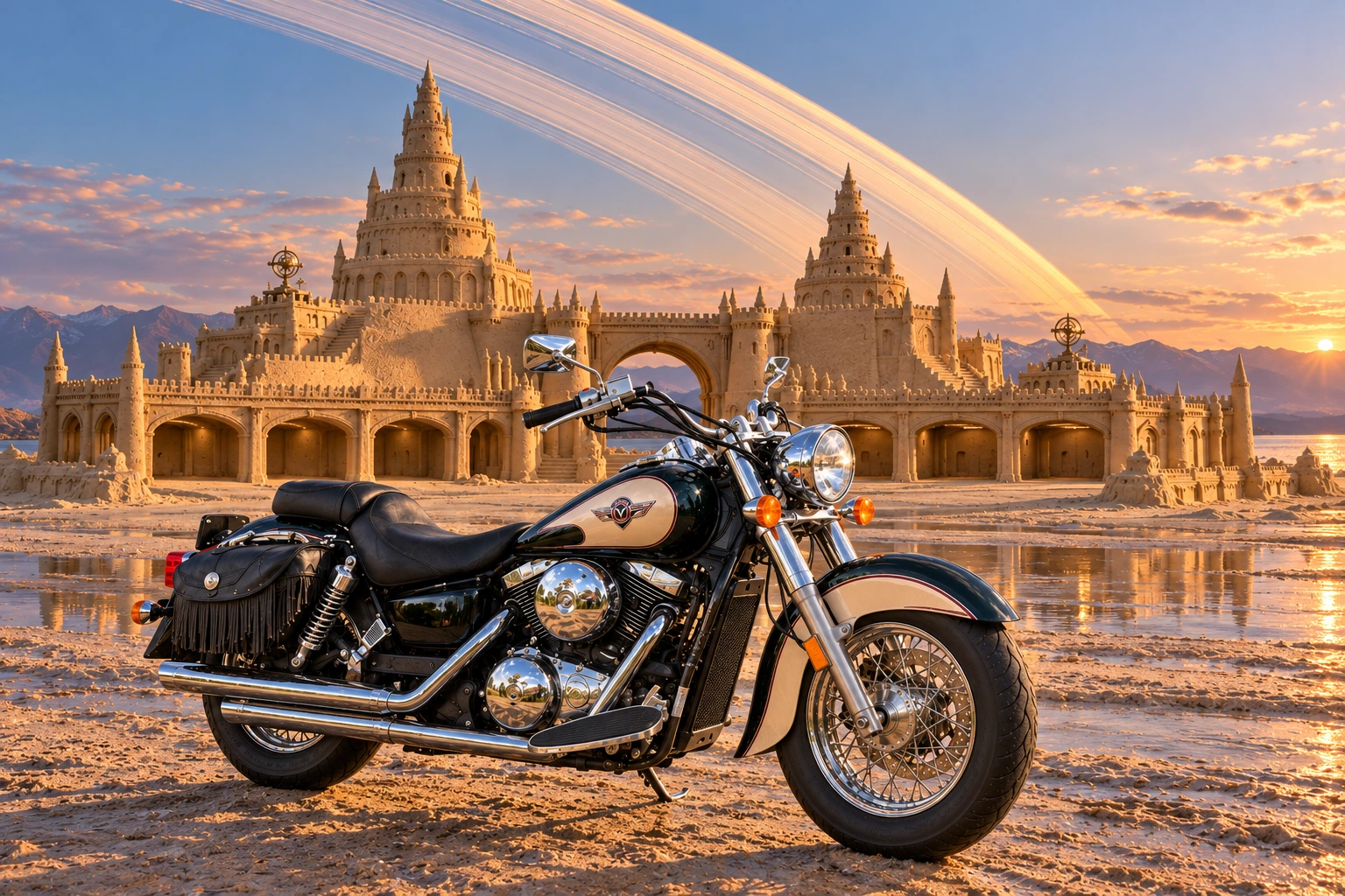 Santi’s 1999 Kawasaki Vulcan Classic 1500. Vulcan Cruiser at Ringworld’s Sand Palace. Fictional automotive artwork.