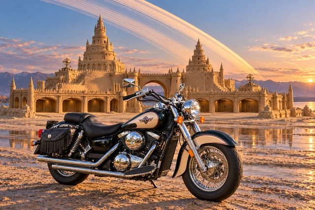Santi’s 1999 Kawasaki Vulcan Classic 1500. Vulcan Cruiser at Ringworld’s Sand Palace. Fictional automotive artwork.