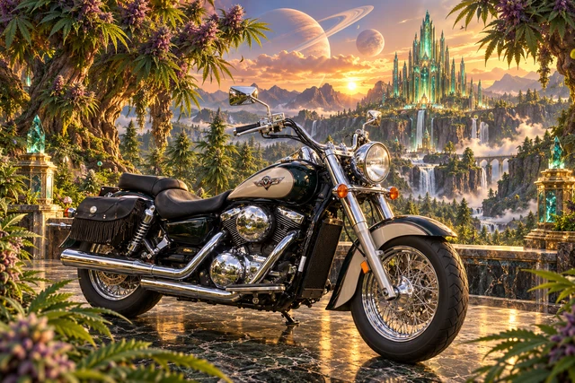 Santi’s 1999 Kawasaki Vulcan Classic 1500. Vulcan Cruiser beneath the Emerald Cannabis Palace. Fictional automotive artwork.