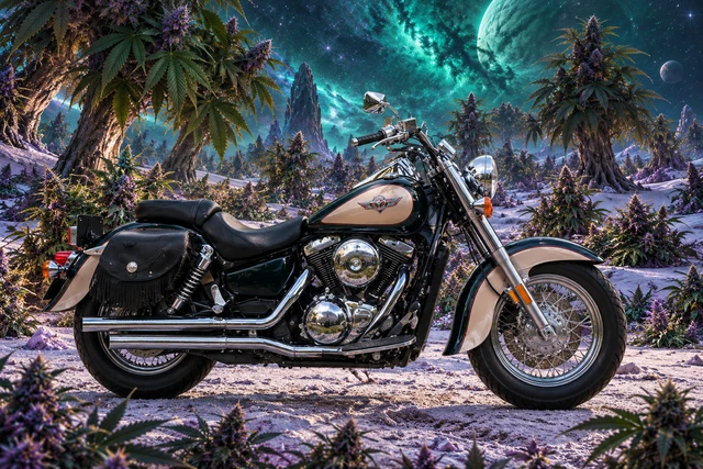 Santi’s 1999 Kawasaki Vulcan Classic 1500. Vulcan Cruiser Among Towering Cannabis Trees. Fictional automotive artwork.