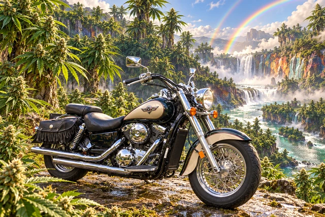 Santi’s 1999 Kawasaki Vulcan Classic 1500. Kawasaki Vulcan in a Rainbow Cannabis Canyon. Fictional automotive artwork.