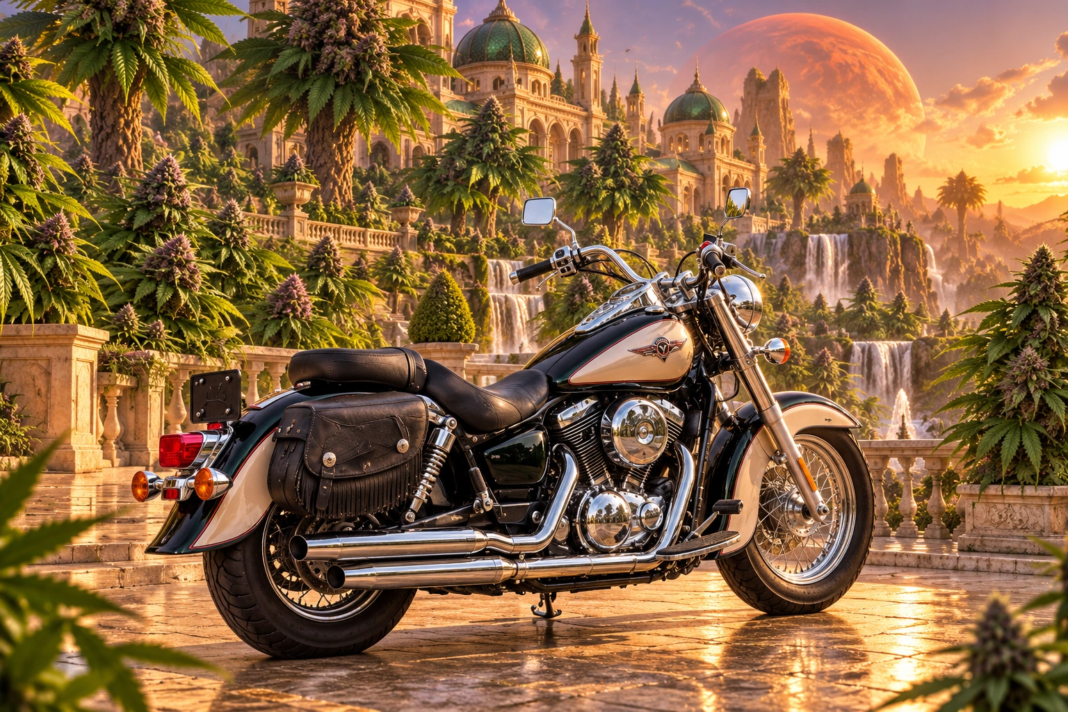 Santi’s 1999 Kawasaki Vulcan Classic 1500. Vulcan cruiser in the emerald palace gardens. Fictional automotive artwork.