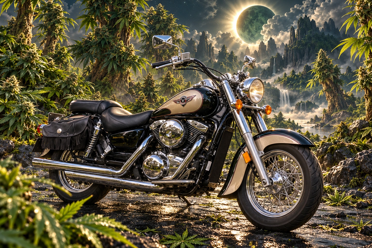 Santi’s 1999 Kawasaki Vulcan Classic 1500. Vulcan cruiser beneath a jade eclipse. Fictional automotive artwork.