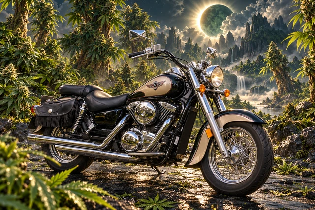 Santi’s 1999 Kawasaki Vulcan Classic 1500. Vulcan cruiser beneath a jade eclipse. Fictional automotive artwork.