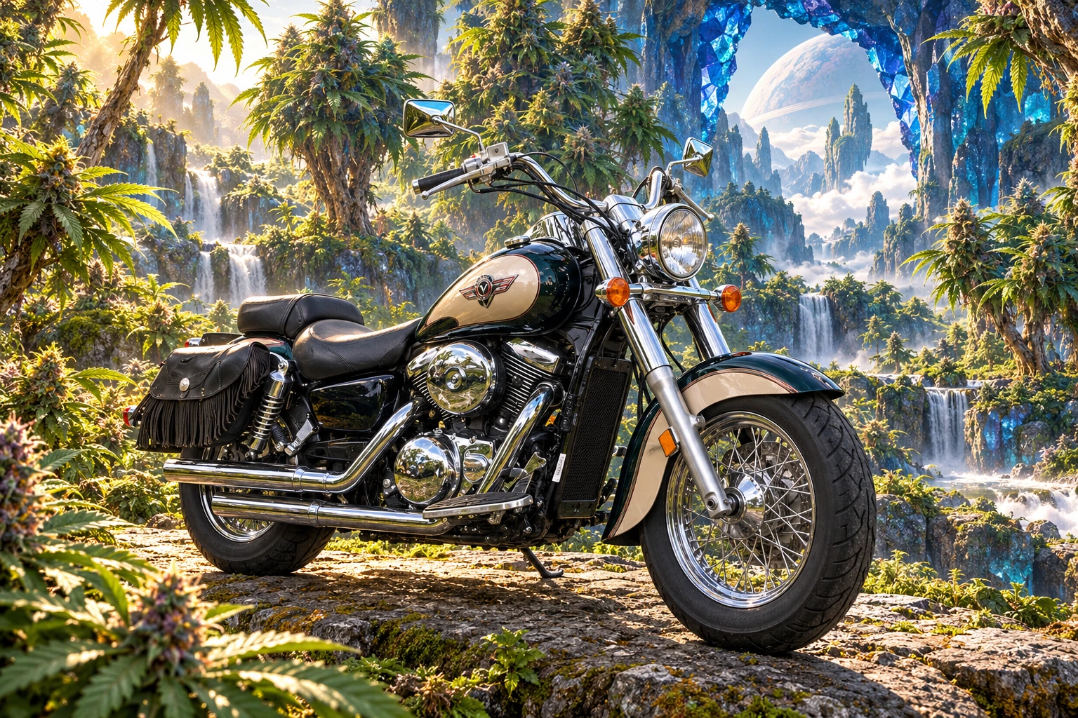 Santi’s 1999 Kawasaki Vulcan Classic 1500. Vulcan Cruiser in an Emerald Geode Jungle. Fictional automotive artwork.