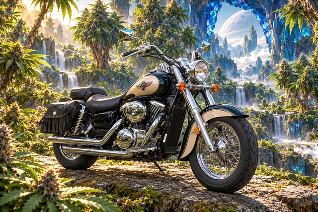 Santi’s 1999 Kawasaki Vulcan Classic 1500. Vulcan Cruiser in an Emerald Geode Jungle. Fictional automotive artwork.