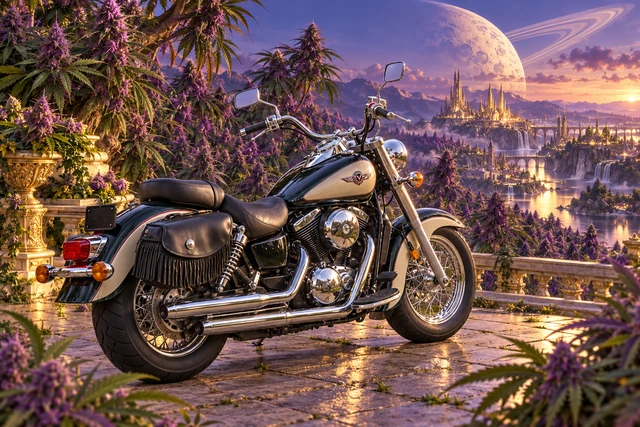 Santi’s 1999 Kawasaki Vulcan Classic 1500. Kawasaki Vulcan in a Purple Cannabis Valley. Fictional automotive artwork.