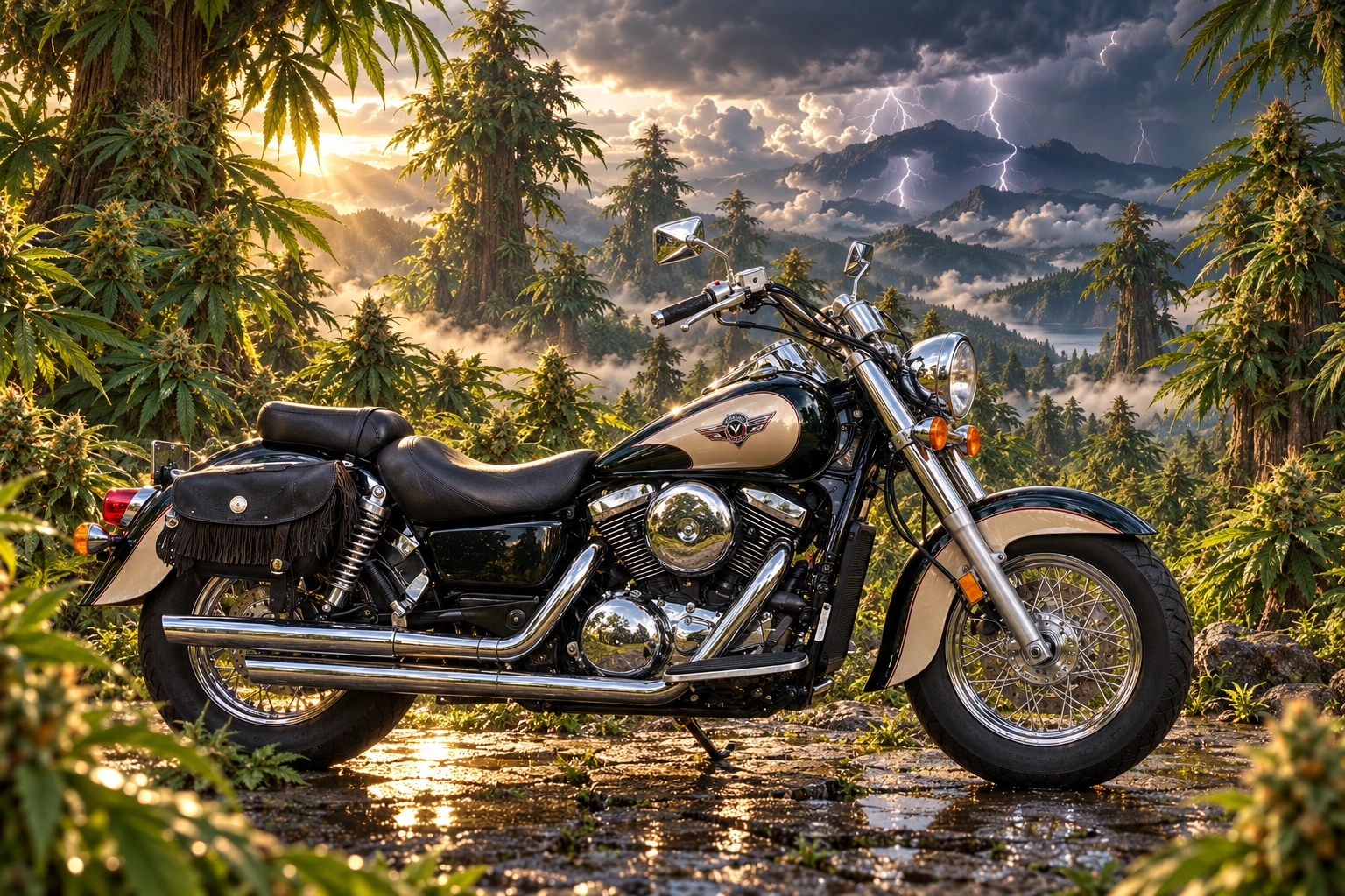 Santi’s 1999 Kawasaki Vulcan Classic 1500. Stormlit Vulcan in a Cannabis Forest. Fictional automotive artwork.