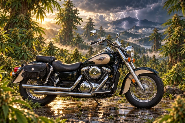 Santi’s 1999 Kawasaki Vulcan Classic 1500. Stormlit Vulcan in a Cannabis Forest. Fictional automotive artwork.