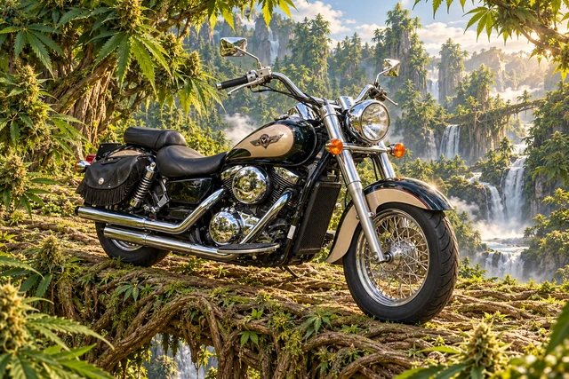 Santi’s 1999 Kawasaki Vulcan Classic 1500. Kawasaki on the Cannabis Root Bridge. Fictional automotive artwork.