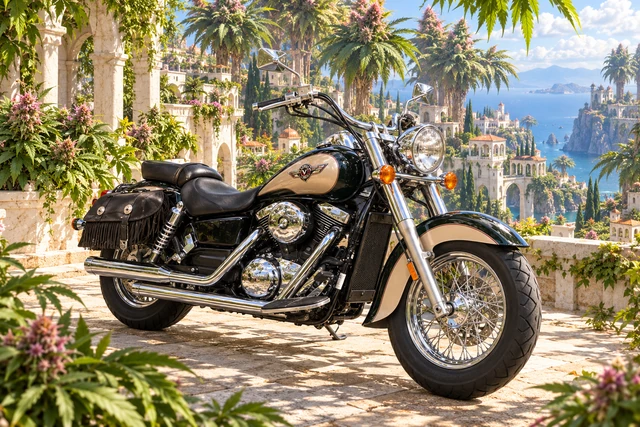Santi’s 1999 Kawasaki Vulcan Classic 1500. Kawasaki Vulcan beneath towering cannabis trees. Fictional automotive artwork.