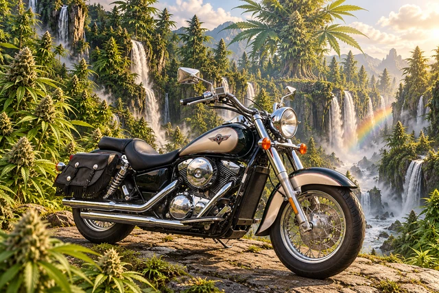Santi’s 1999 Kawasaki Vulcan Classic 1500. Vulcan Cruiser at Emerald Canyon Falls. Fictional automotive artwork.