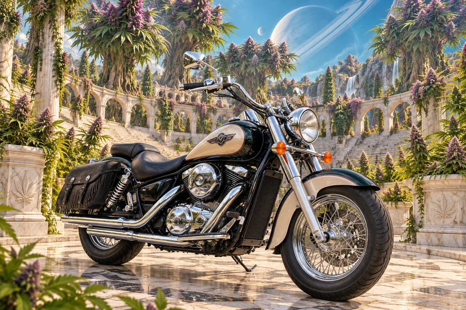 Santi’s 1999 Kawasaki Vulcan Classic 1500. Vulcan Motorcycle in the Cannabis Amphitheater. Fictional automotive artwork.