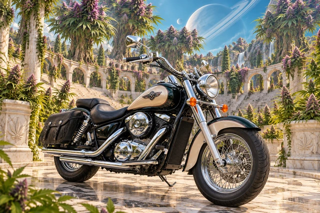 Santi’s 1999 Kawasaki Vulcan Classic 1500. Vulcan Motorcycle in the Cannabis Amphitheater. Fictional automotive artwork.