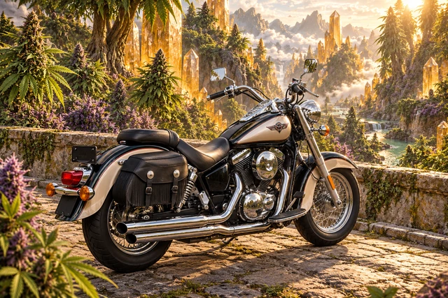 Santi’s 1999 Kawasaki Vulcan Classic 1500. Vulcan Across the Amber Crystal Garden. Fictional automotive artwork.